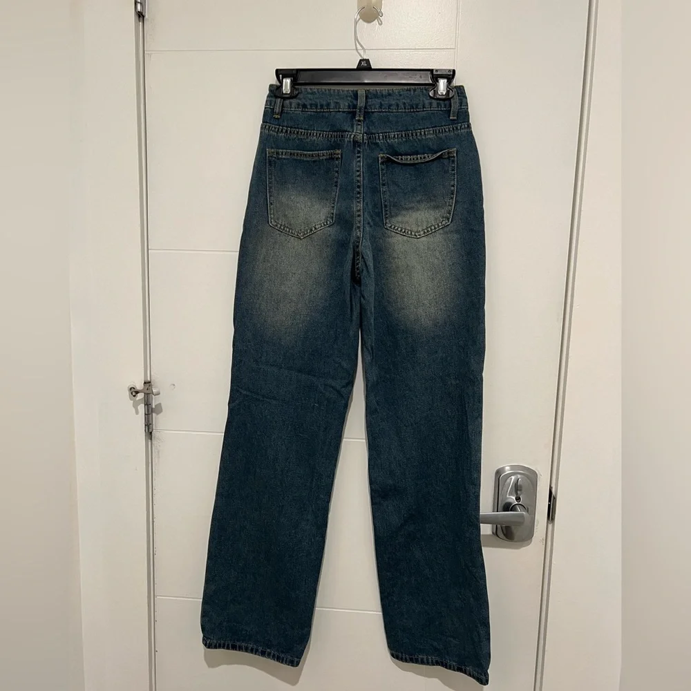 Washed Dark Blue Wide-Leg Distressed Women’s Jeans - Picture 4 of 4